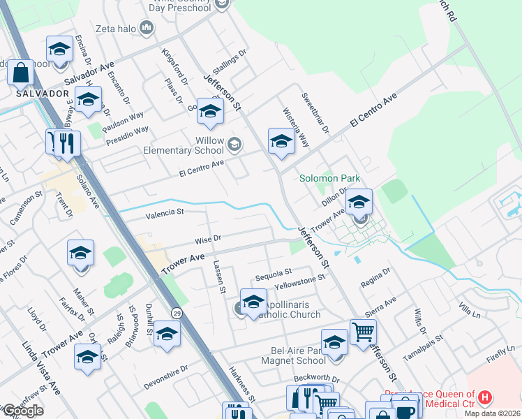 map of restaurants, bars, coffee shops, grocery stores, and more near 1600 Bryce Court in Napa