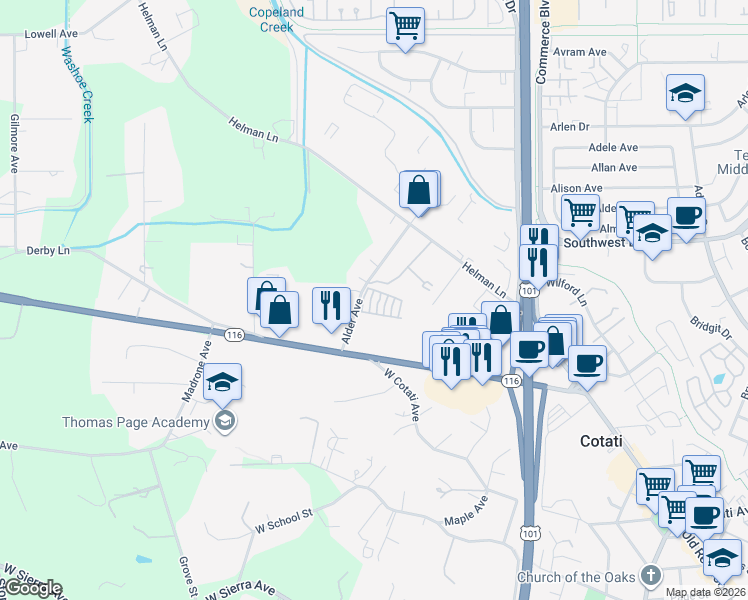 map of restaurants, bars, coffee shops, grocery stores, and more near 7612 Eckmeyer Court in Cotati