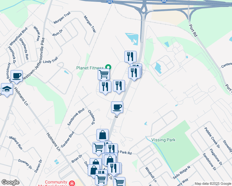 map of restaurants, bars, coffee shops, grocery stores, and more near Jeffersonville Commons in Jeffersonville