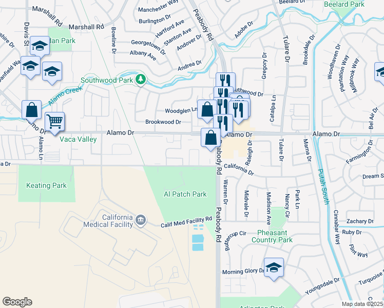 map of restaurants, bars, coffee shops, grocery stores, and more near 1864 Quail Meadows Circle in Vacaville