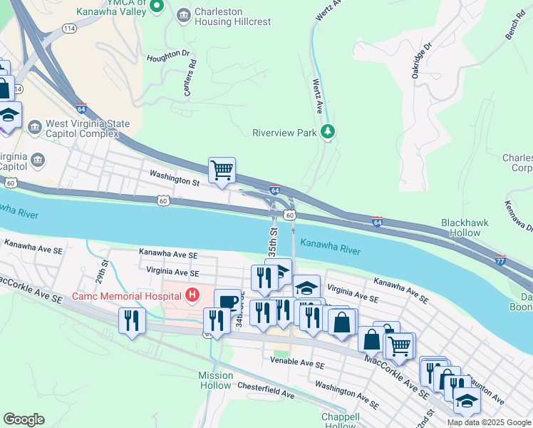 map of restaurants, bars, coffee shops, grocery stores, and more near 2521 Kanawha Blvd E in Charleston