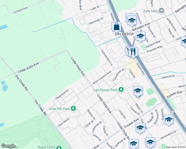map of restaurants, bars, coffee shops, grocery stores, and more near 26 Edgefield Court in Napa