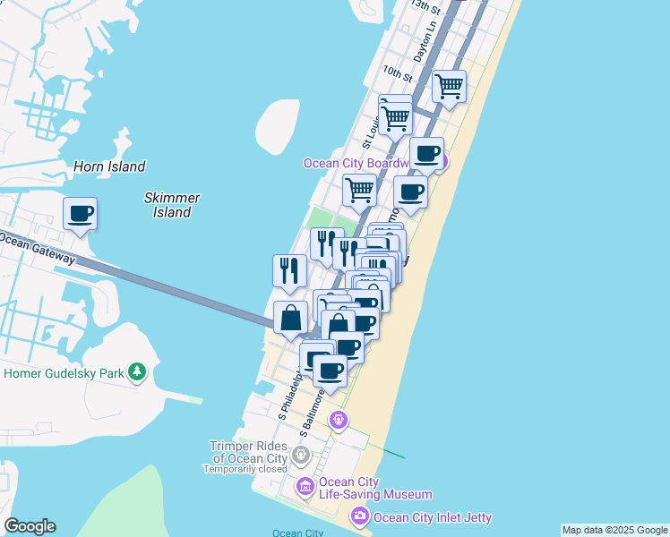 map of restaurants, bars, coffee shops, grocery stores, and more near 203 2nd Street in Ocean City
