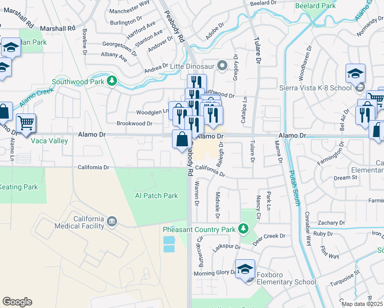 map of restaurants, bars, coffee shops, grocery stores, and more near 2100 Peabody Road in Vacaville