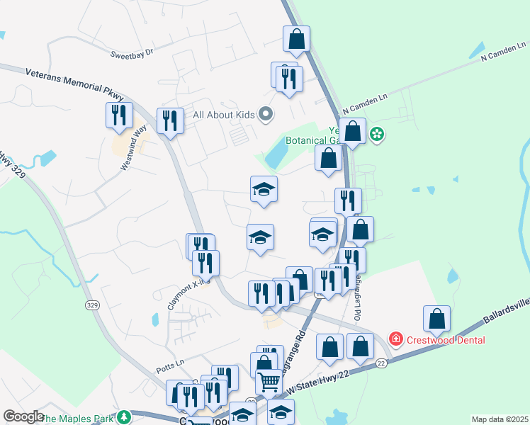 map of restaurants, bars, coffee shops, grocery stores, and more near 6321 Veterans Memorial Parkway in Crestwood