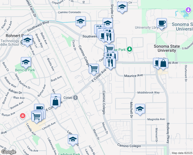map of restaurants, bars, coffee shops, grocery stores, and more near E Cotati Ave & Camino Colegio in Rohnert Park