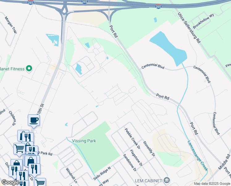 map of restaurants, bars, coffee shops, grocery stores, and more near 1403 Parkland Trail in Jeffersonville