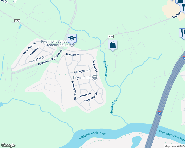 map of restaurants, bars, coffee shops, grocery stores, and more near 48 Table Bluff Drive in Fredericksburg