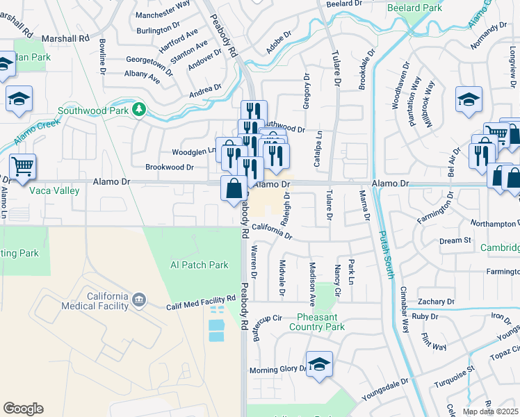 map of restaurants, bars, coffee shops, grocery stores, and more near 2061 Peabody Road in Vacaville