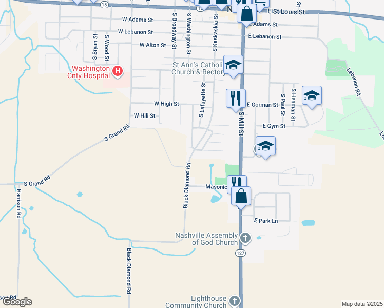 map of restaurants, bars, coffee shops, grocery stores, and more near 1447 South Kaskaskia Street in Nashville
