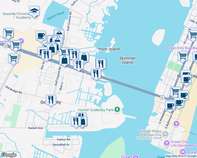 map of restaurants, bars, coffee shops, grocery stores, and more near 13000 Marina View Lane in Ocean City