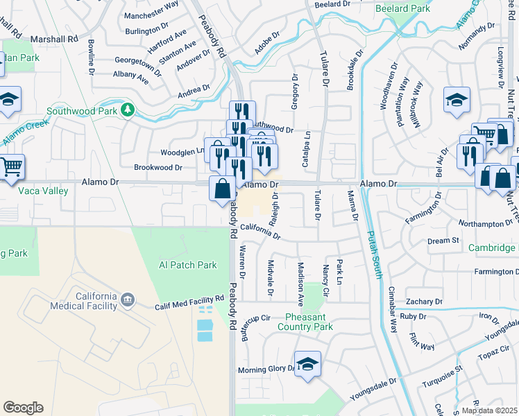 map of restaurants, bars, coffee shops, grocery stores, and more near 2061 Peabody Road in Vacaville