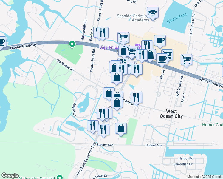 map of restaurants, bars, coffee shops, grocery stores, and more near 12545 Old Bridge Road in Ocean City