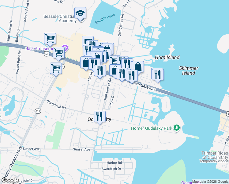 map of restaurants, bars, coffee shops, grocery stores, and more near 9 Row A in Ocean City