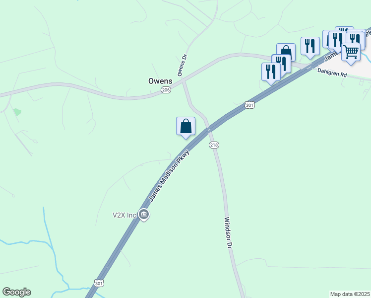 map of restaurants, bars, coffee shops, grocery stores, and more near 5688 James Madison Parkway in King George
