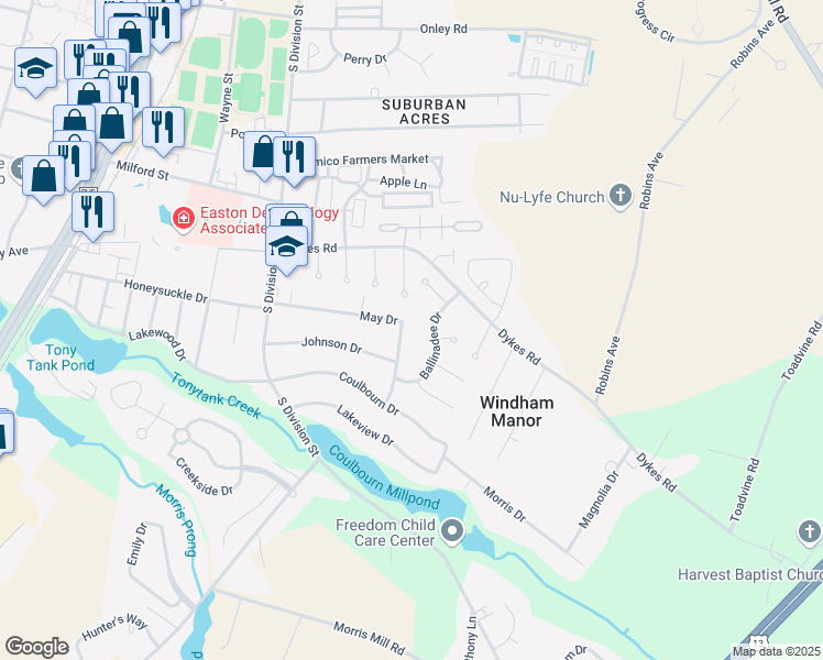 map of restaurants, bars, coffee shops, grocery stores, and more near 1501 May Drive in Salisbury