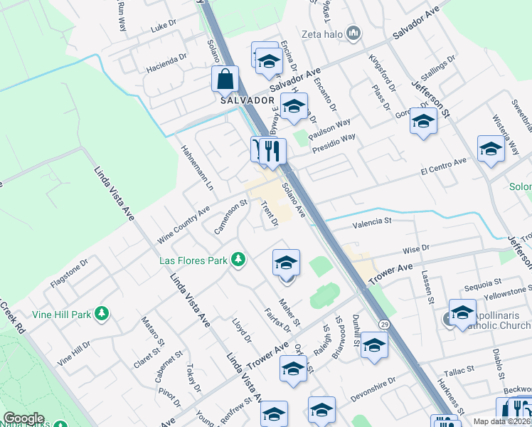 map of restaurants, bars, coffee shops, grocery stores, and more near 129 Trent Drive in Napa