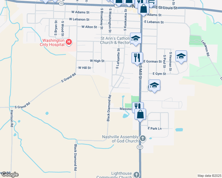 map of restaurants, bars, coffee shops, grocery stores, and more near 1447 South Kaskaskia Street in Nashville
