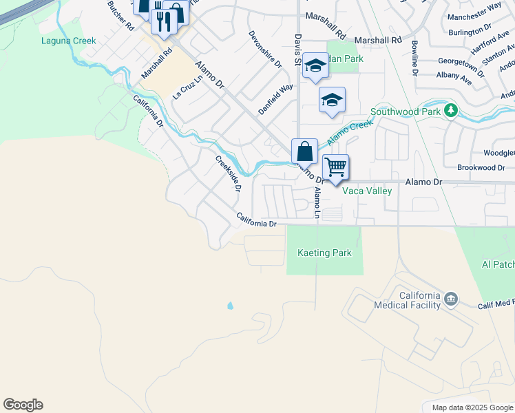 map of restaurants, bars, coffee shops, grocery stores, and more near 1119 Araquipa Court in Vacaville