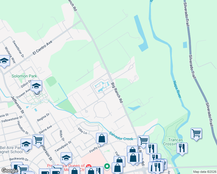 map of restaurants, bars, coffee shops, grocery stores, and more near 71 Fountain Grove Circle in Napa