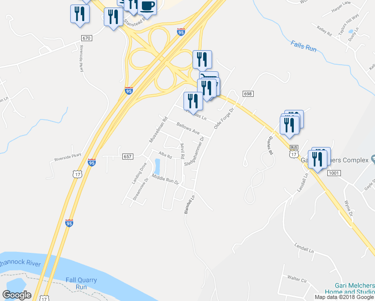 map of restaurants, bars, coffee shops, grocery stores, and more near 807 Anvil Road in Fredericksburg