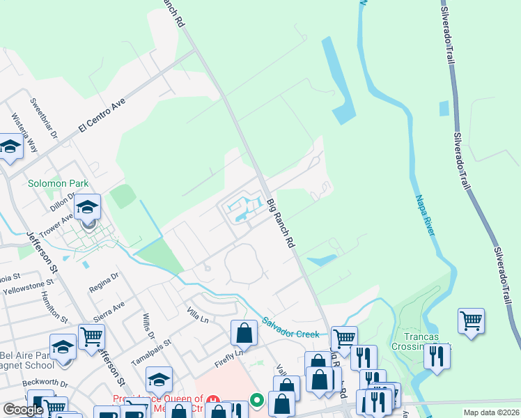 map of restaurants, bars, coffee shops, grocery stores, and more near 71 Fountain Grove Circle in Napa