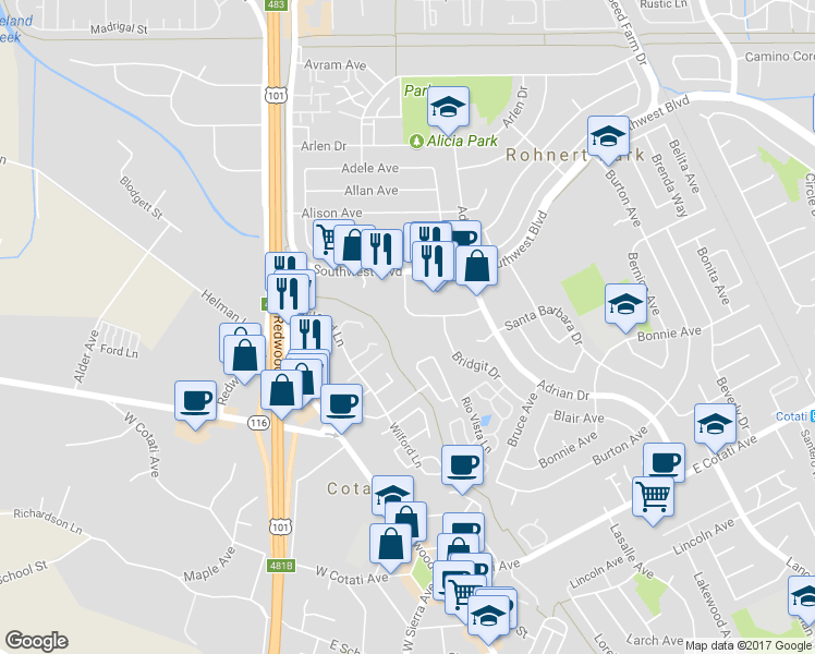 map of restaurants, bars, coffee shops, grocery stores, and more near 217 College View Drive in Rohnert Park