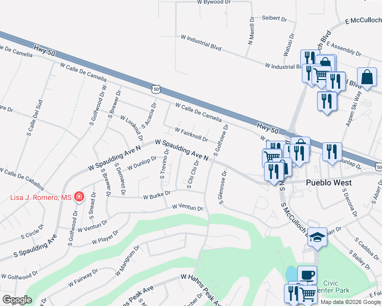map of restaurants, bars, coffee shops, grocery stores, and more near 108 S Middlecoff Dr in Pueblo West
