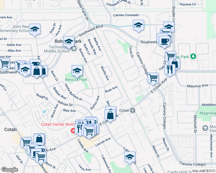 map of restaurants, bars, coffee shops, grocery stores, and more near 711 Bonnie Avenue in Rohnert Park