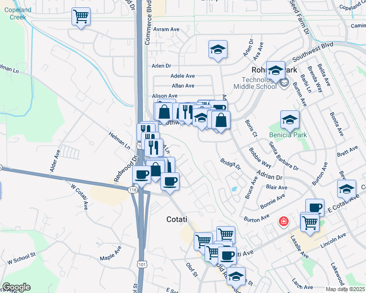 map of restaurants, bars, coffee shops, grocery stores, and more near 47 Creek Court in Cotati