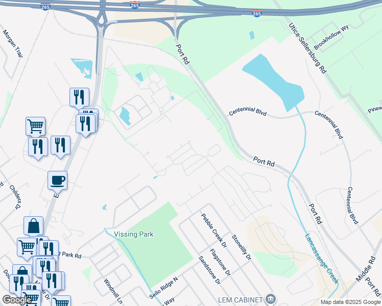 map of restaurants, bars, coffee shops, grocery stores, and more near 1403 Park-Land Trail in Jeffersonville