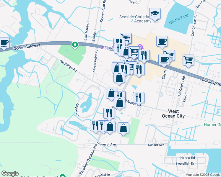 map of restaurants, bars, coffee shops, grocery stores, and more near 9800 Mooring View Lane in Ocean City