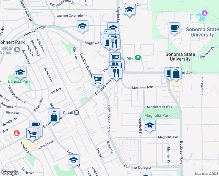 map of restaurants, bars, coffee shops, grocery stores, and more near 7460 Cristobal Road in Rohnert Park
