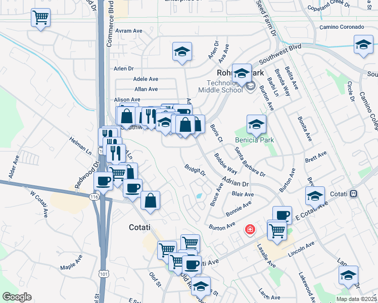 map of restaurants, bars, coffee shops, grocery stores, and more near 7416 Bridgit Drive in Rohnert Park