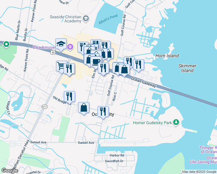 map of restaurants, bars, coffee shops, grocery stores, and more near 9 Golf Course Road in Ocean City