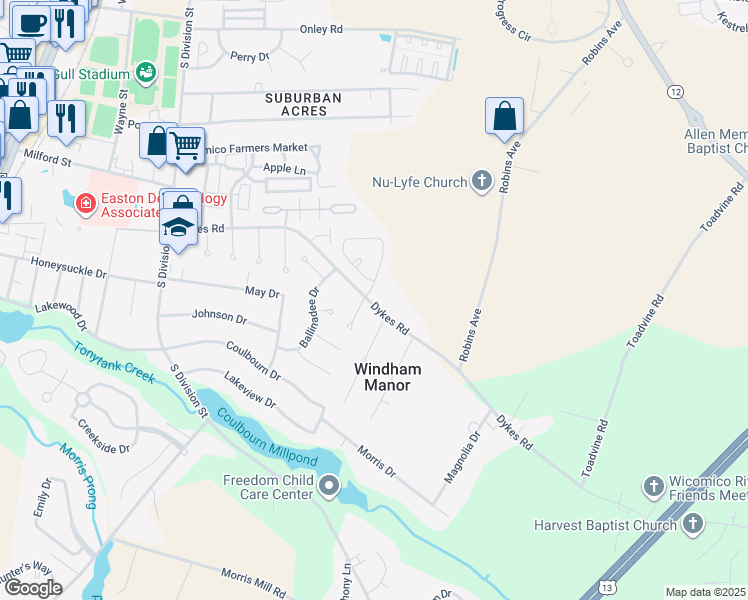 map of restaurants, bars, coffee shops, grocery stores, and more near 1401 Killarney Drive in Salisbury
