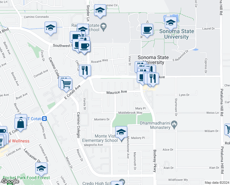 map of restaurants, bars, coffee shops, grocery stores, and more near Mitchell Dr & Maurice Ave in Rohnert Park