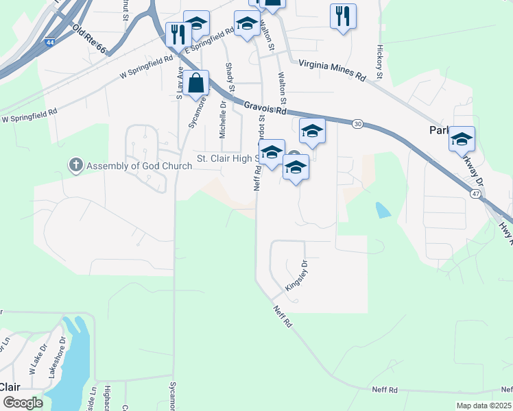 map of restaurants, bars, coffee shops, grocery stores, and more near 1307 Neff Road in Saint Clair