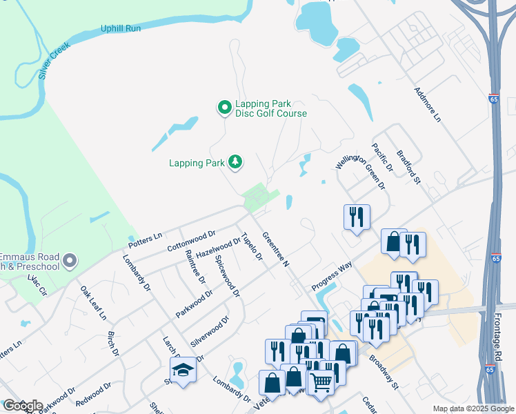 map of restaurants, bars, coffee shops, grocery stores, and more near 2404 Greentree North in Clarksville