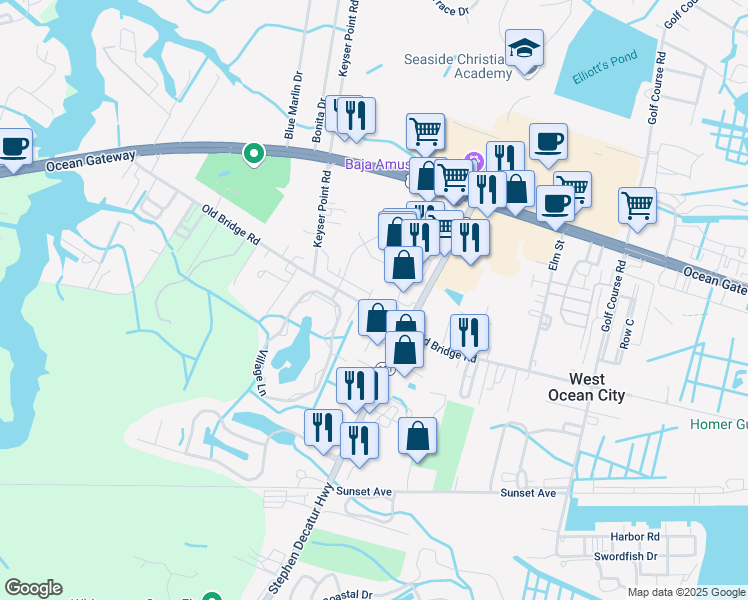 map of restaurants, bars, coffee shops, grocery stores, and more near 9800 Mooring View Lane in Ocean City