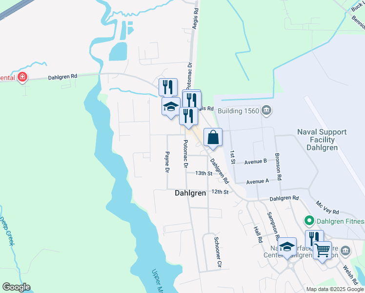 map of restaurants, bars, coffee shops, grocery stores, and more near 5364 Potomac Drive in King George