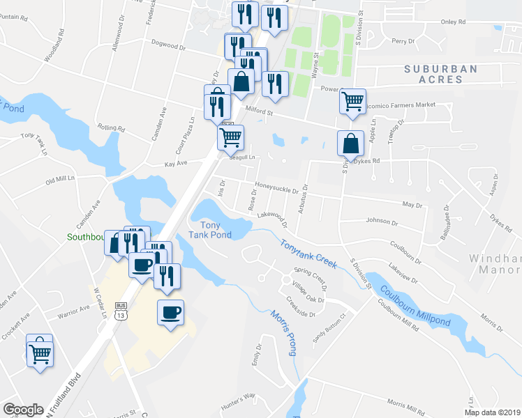 map of restaurants, bars, coffee shops, grocery stores, and more near 201 Lakewood Drive in Salisbury