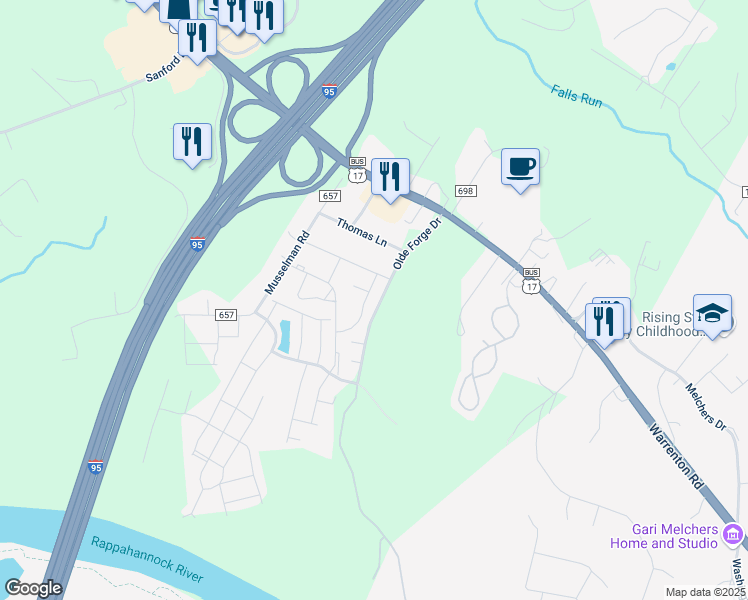 map of restaurants, bars, coffee shops, grocery stores, and more near 813 Sledgehammer Drive in Fredericksburg
