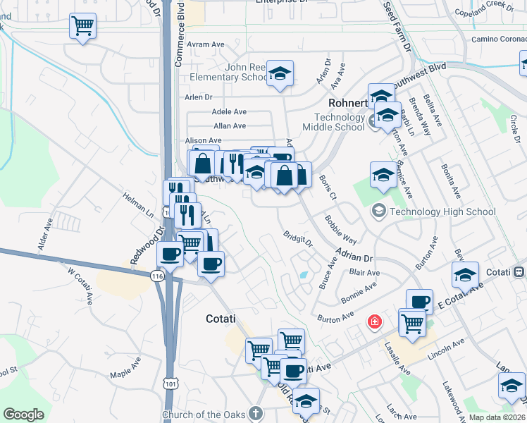 map of restaurants, bars, coffee shops, grocery stores, and more near 281 College View Drive in Rohnert Park