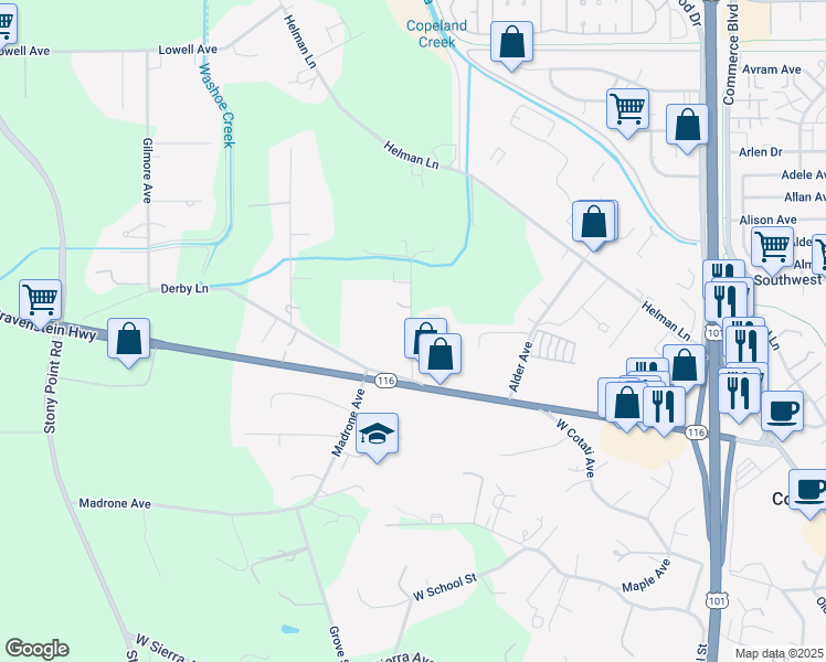 map of restaurants, bars, coffee shops, grocery stores, and more near 5600 Locust Avenue in Cotati