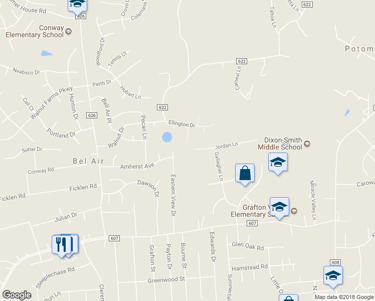 map of restaurants, bars, coffee shops, grocery stores, and more near 1 Jordan Lane in Fredericksburg