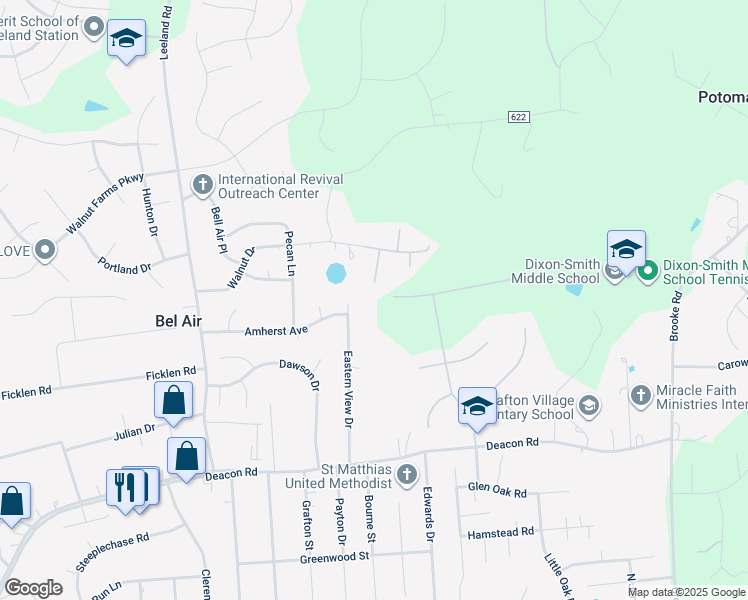 map of restaurants, bars, coffee shops, grocery stores, and more near 1 Jordan Lane in Fredericksburg