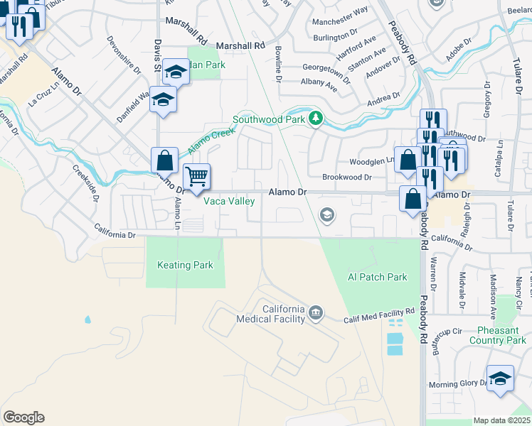 map of restaurants, bars, coffee shops, grocery stores, and more near 1600 Amapola Street in Vacaville