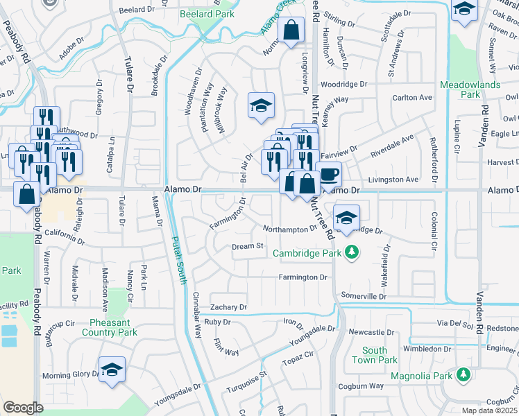 map of restaurants, bars, coffee shops, grocery stores, and more near 1101 Farmington Drive in Vacaville