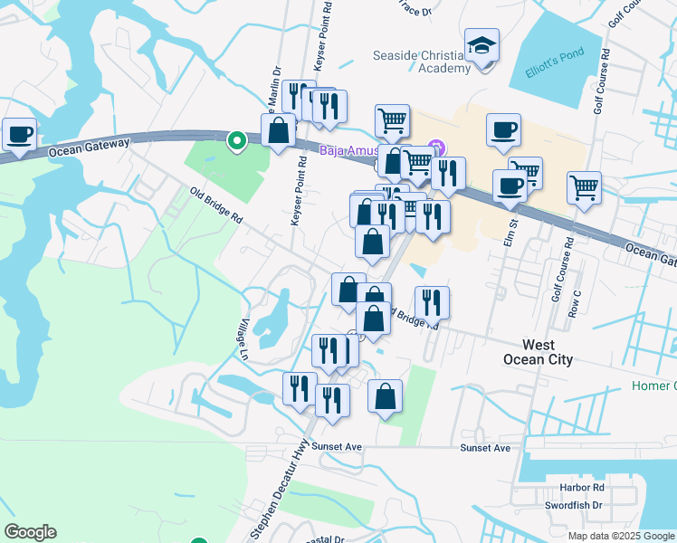 map of restaurants, bars, coffee shops, grocery stores, and more near 12534 Old Bridge Road in Ocean City